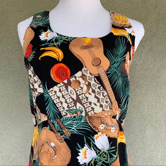 🌺 80s Hawaiian Rayon Dress Hula Tapa Ukulele Tiki - Picture 5 of 12